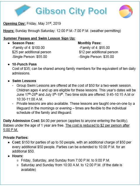 2019 Pool Information