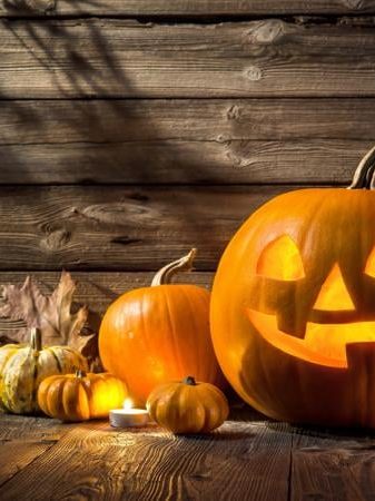jack-o-lantern and pumpkins with leaves